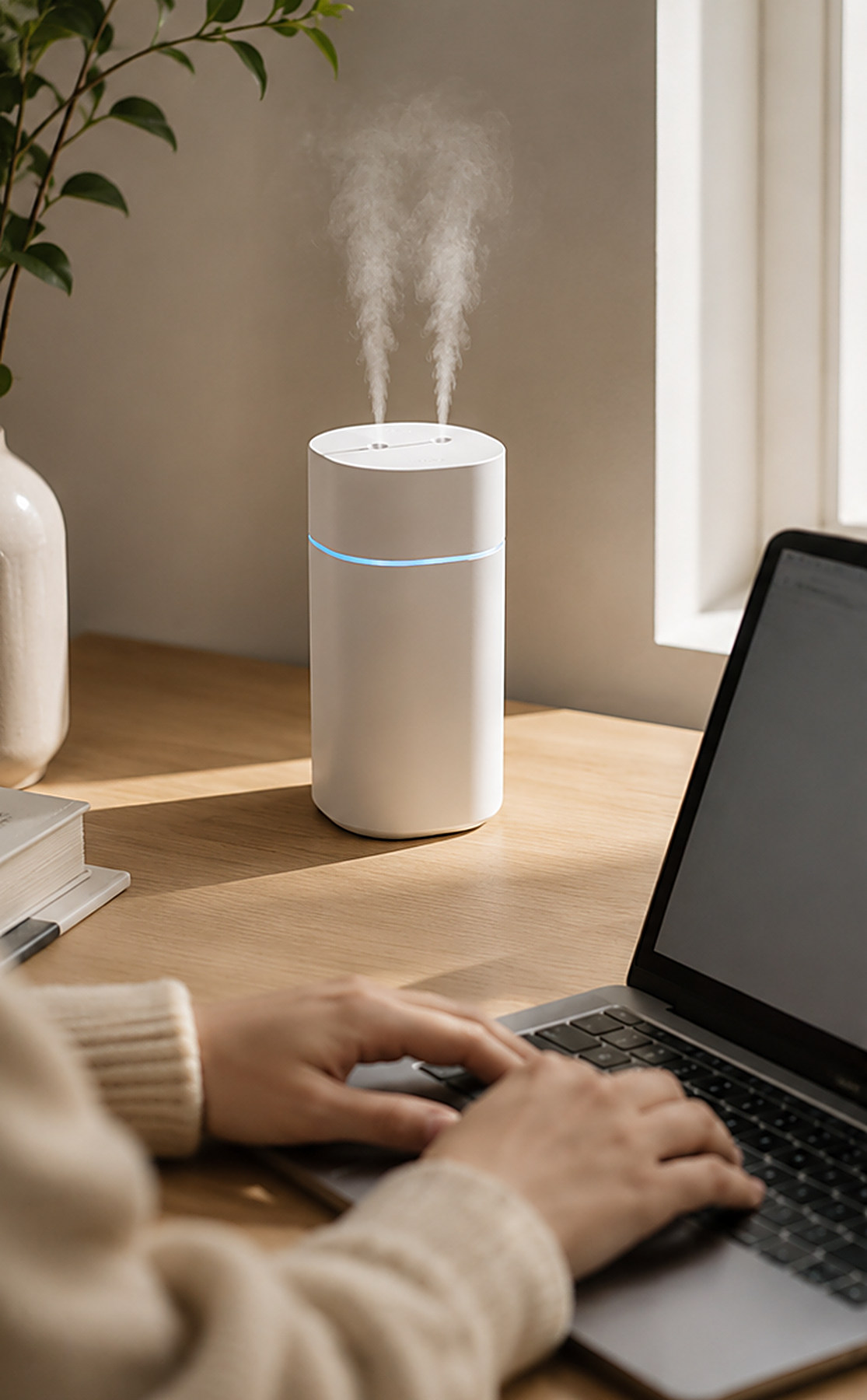 The Amalvi humidifier beside a laptop on a light wood desk, dual mist rising in afternoon window light.