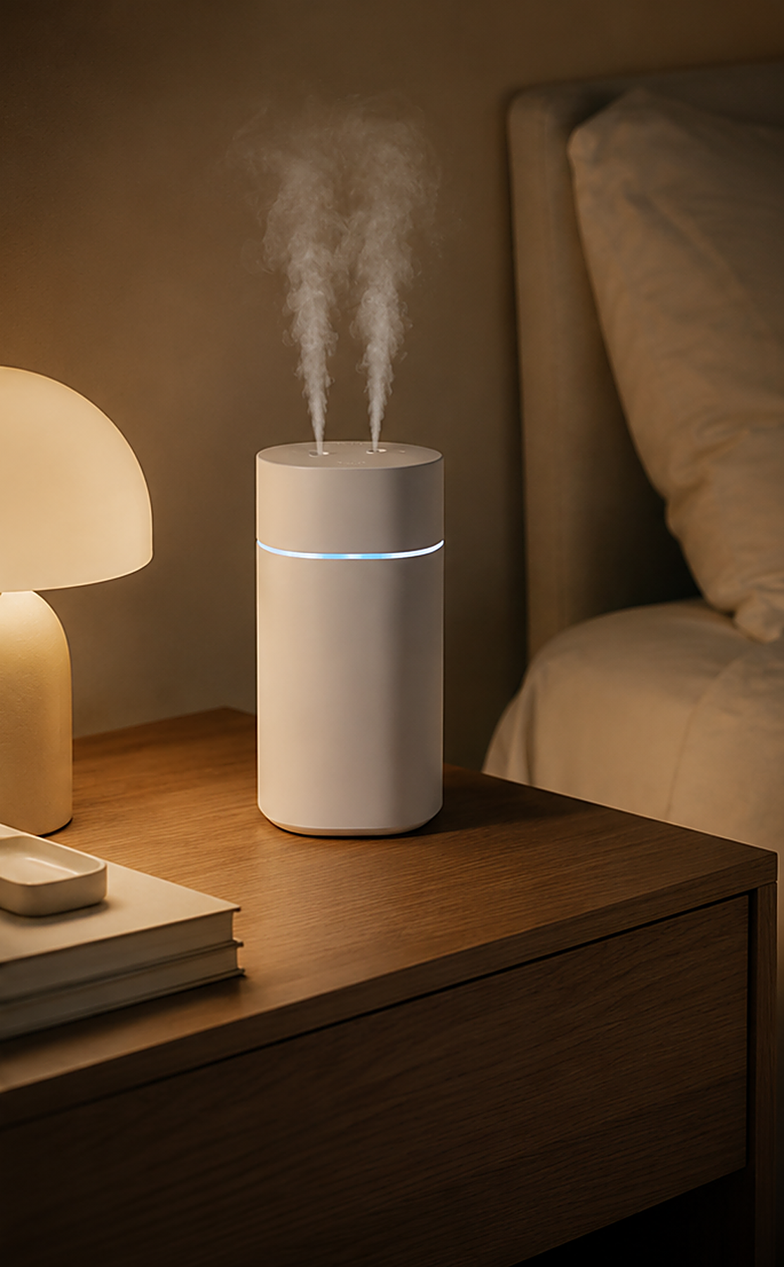 The humidifier running on a nightstand in a dim bedroom, lamp lit, mist rising.
