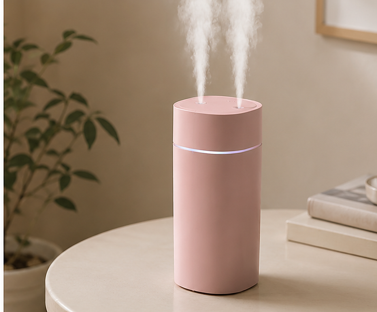 The pink Amalvi humidifier on a round side table beside a plant and books in warm light.