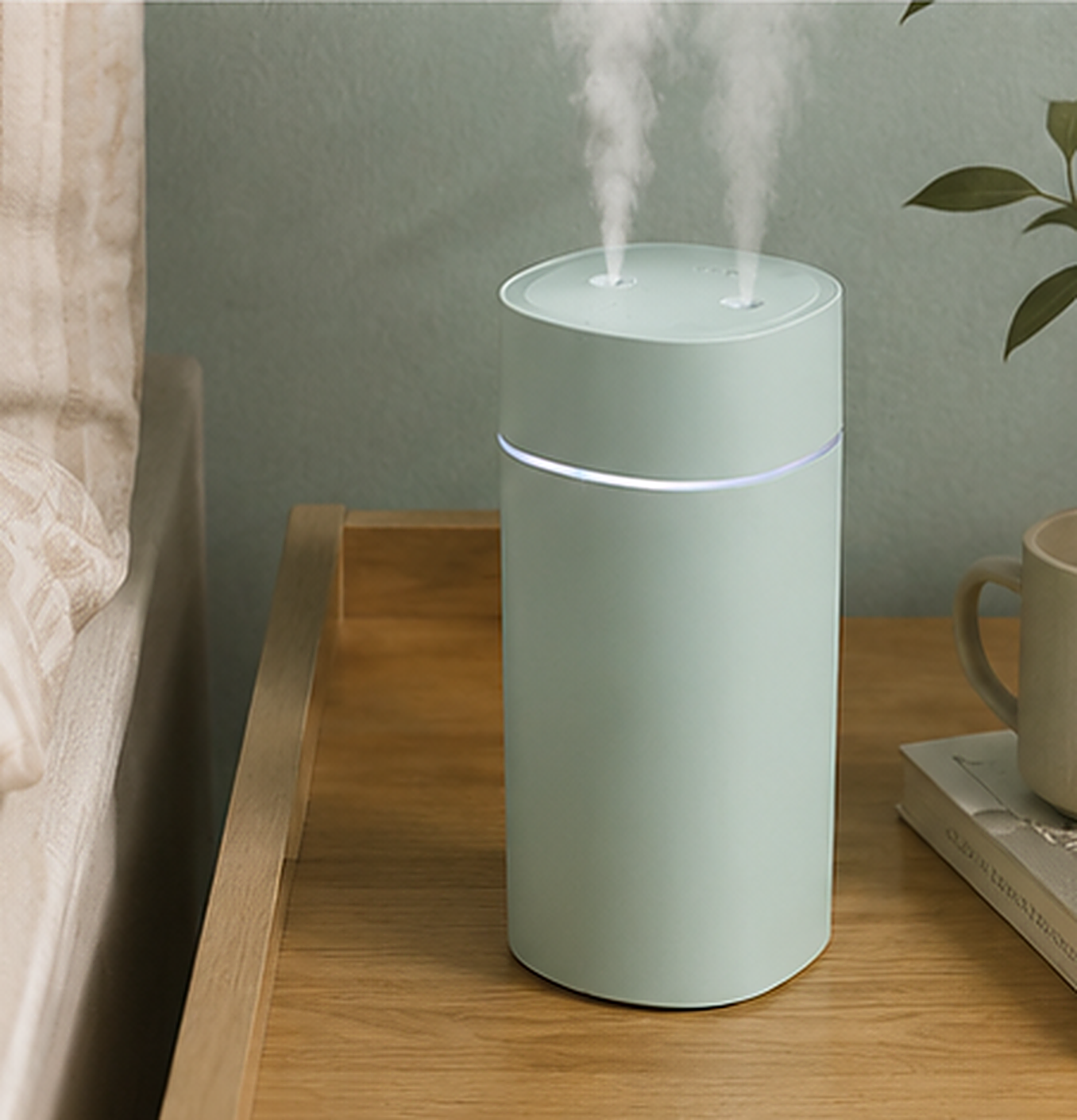 The green Amalvi humidifier on a wooden nightstand beside a bed, mug and book, mist rising.