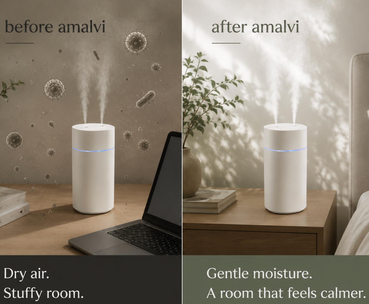 Before and after Amalvi: the same room with dry, stuffy air on the left and gentle moisture with the humidifier running on the right.