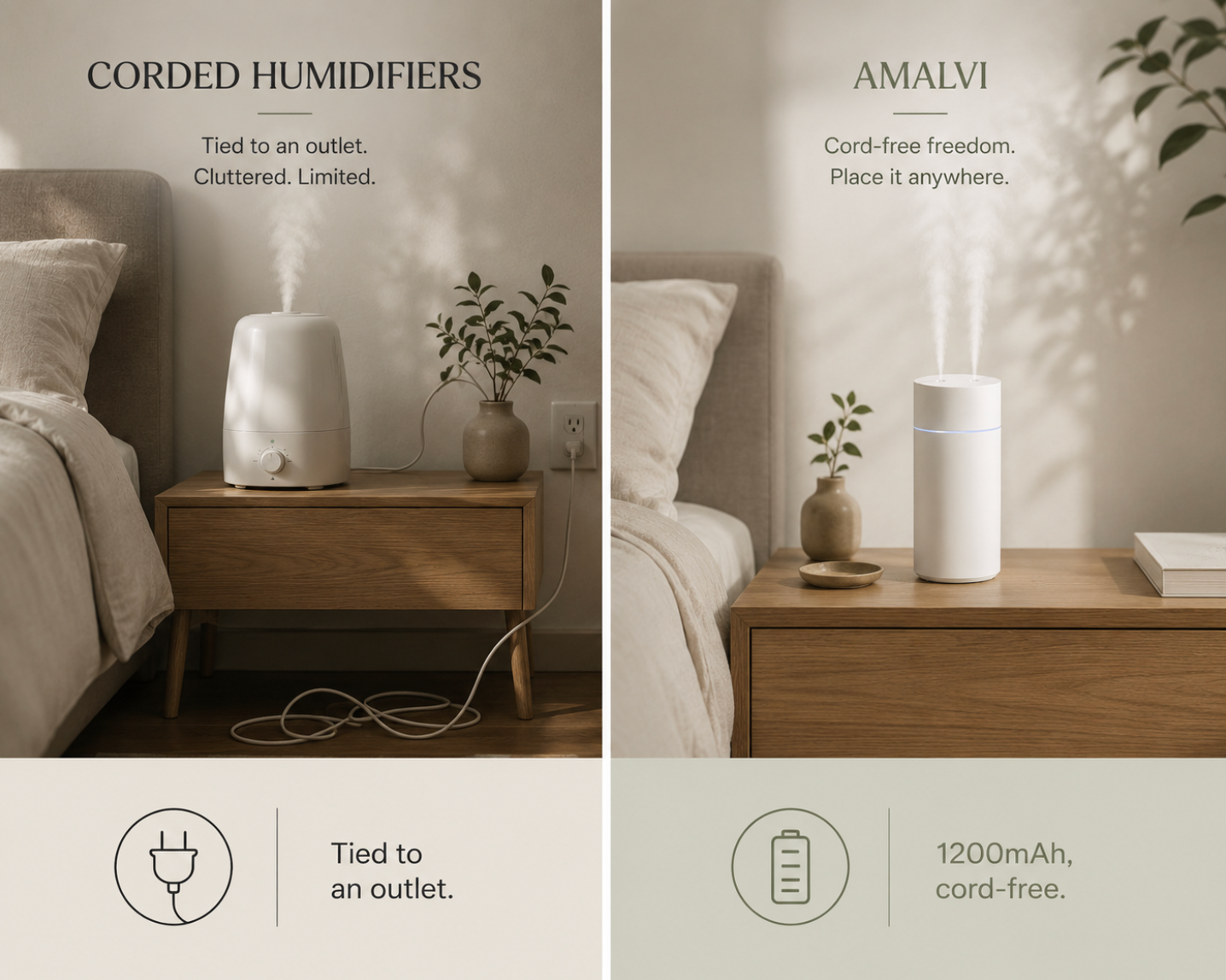 Corded humidifiers tied to an outlet with a trailing cable, beside the cord-free Amalvi on a clean nightstand.